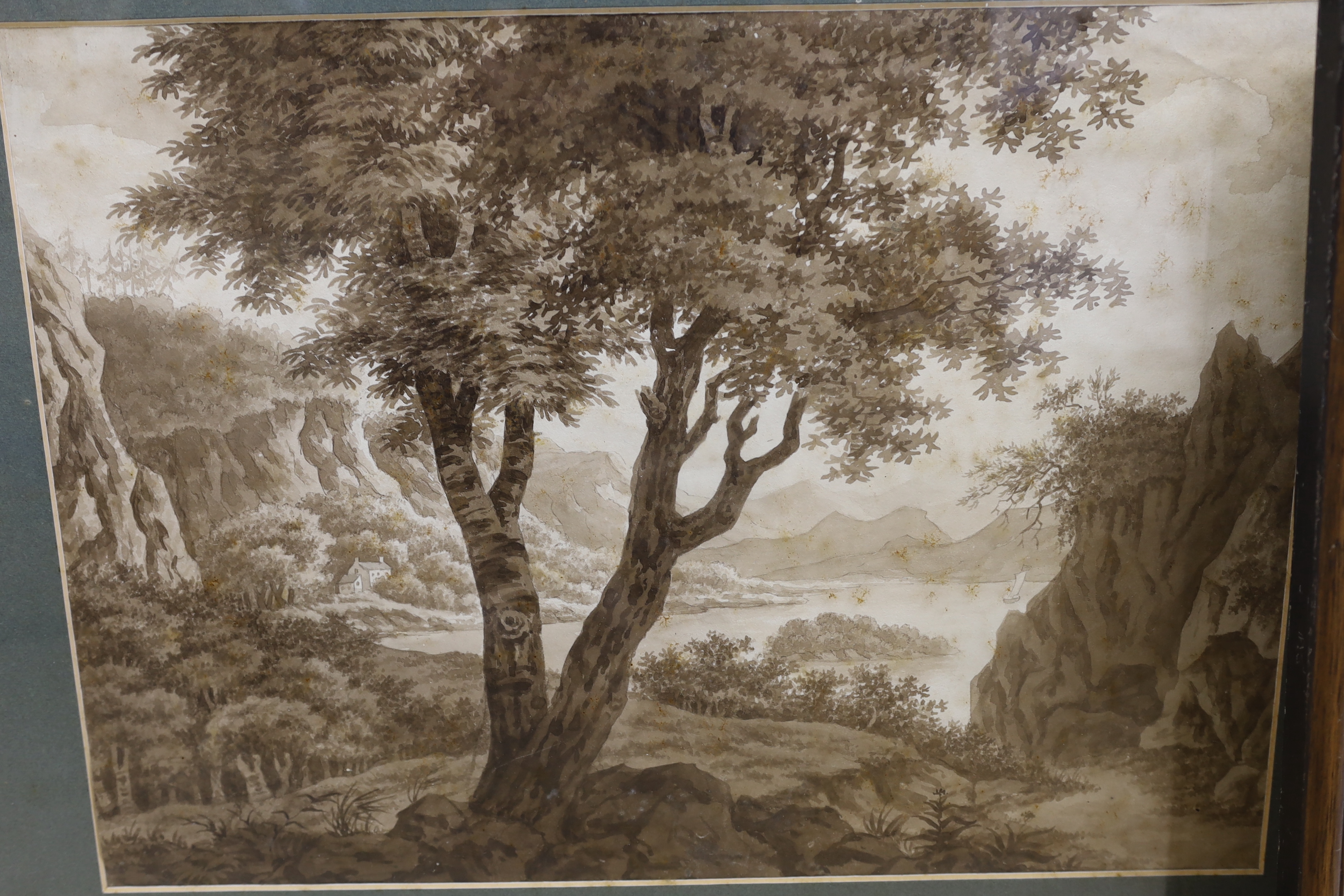 Edward Wesson (1910–1983) sepia watercolour, Figures before a church, label verso, 35 x 25cm and five various watercolours comprising Still life of flowers, Mountainous landscape, Bird on a branch and two further landsca